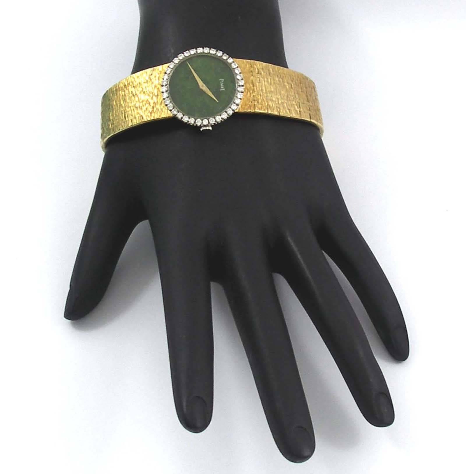 Piaget Ladies Yellow Gold Jade Dial Diamond Bezel Wristwatch at 1stDibs