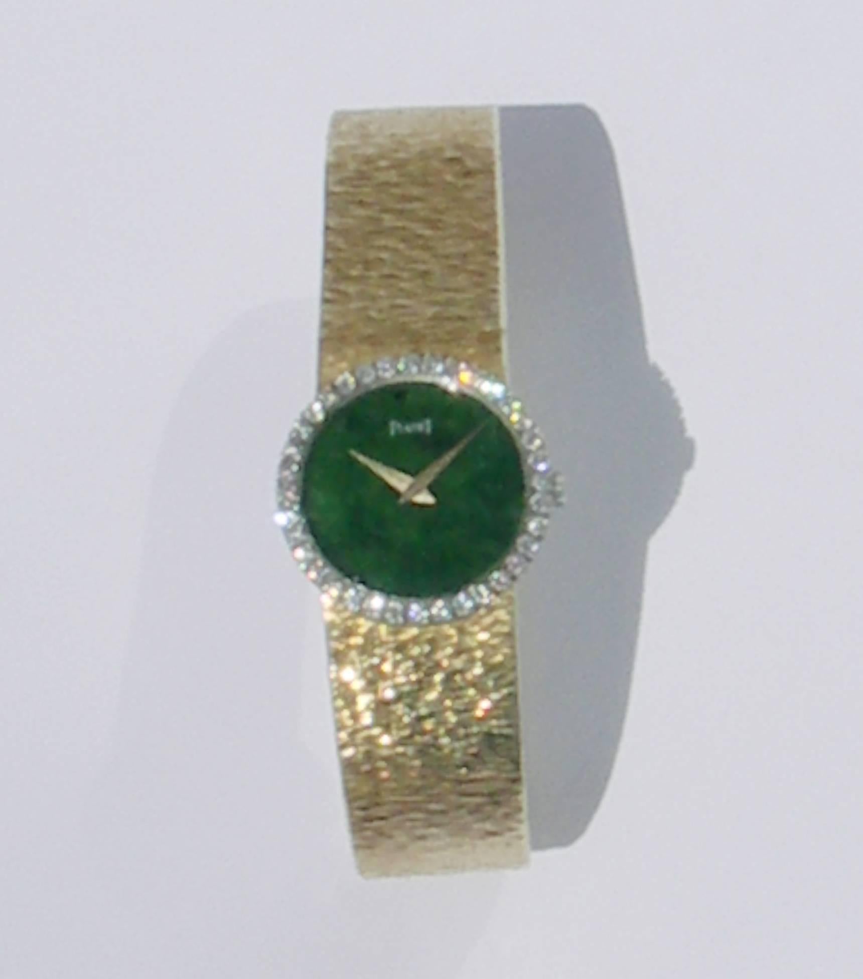 Piaget Ladies Yellow Gold Jade Dial Diamond Bezel Wristwatch In Excellent Condition In Palm Beach, FL