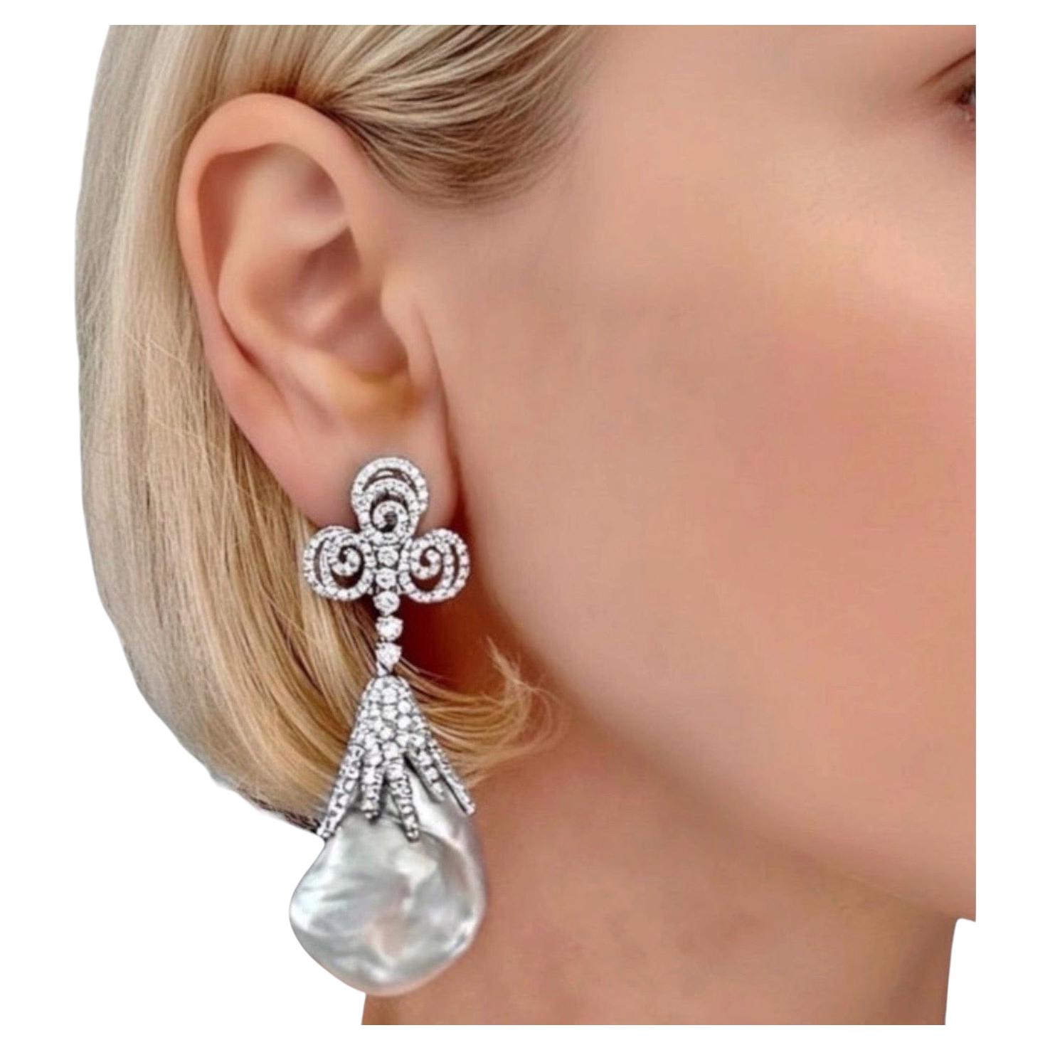 Dramatic Semi Baroque Pearl & Diamond Dangle Earrings 2 1/2 Inches 10Ct Total AW For Sale