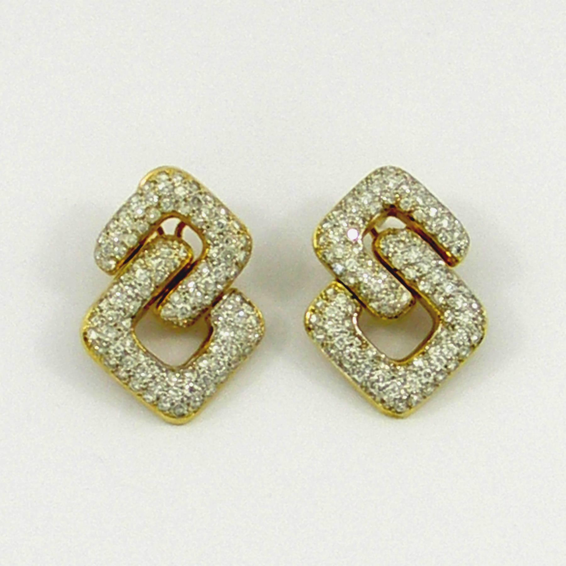 Geometric Gold and Diamond Earrings In Excellent Condition In Palm Beach, FL