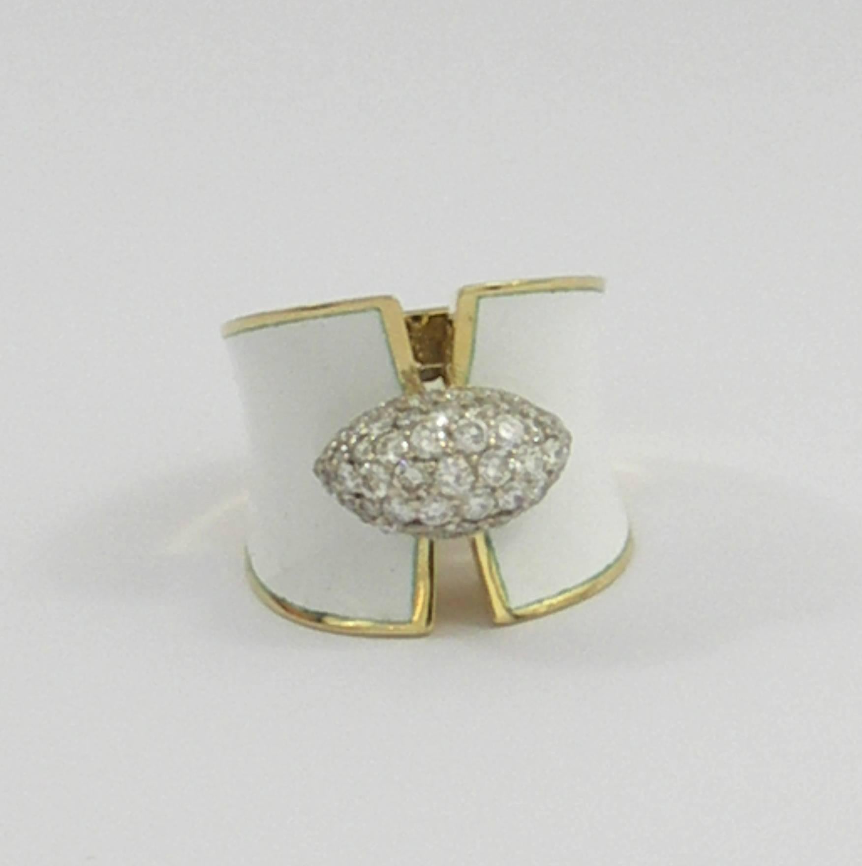 Split Front Yellow Gold with White Enamel and Pave Diamond Connector In Excellent Condition In Palm Beach, FL