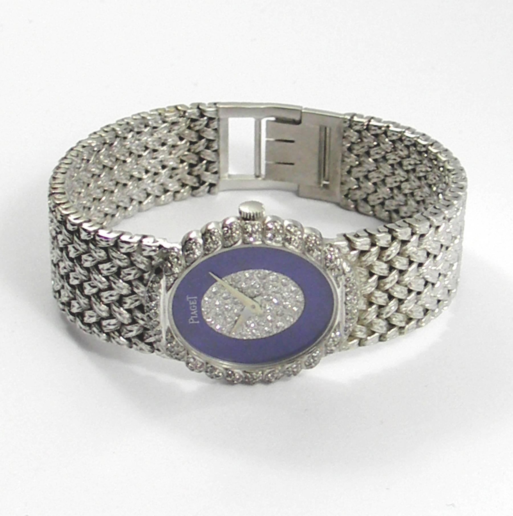 Piaget Ladies White Gold Pavé Diamond Lapis Lazuli Dial Wristwatch In Excellent Condition In Palm Beach, FL