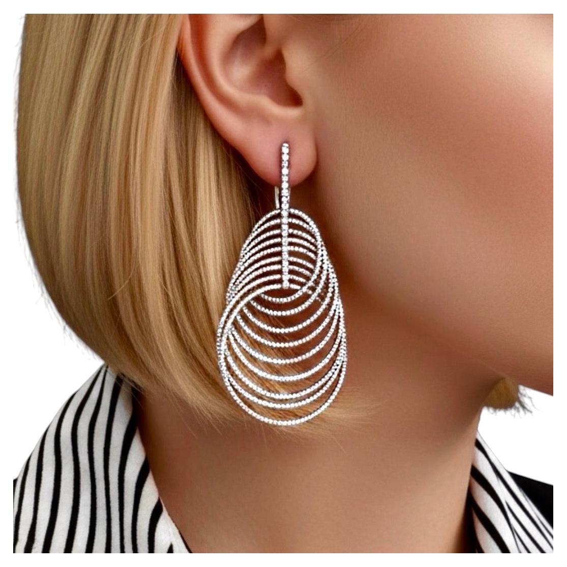 Dramatic 18K White Gold and Diamond Contemporary 2.5 Inch Long Drop Earrings For Sale