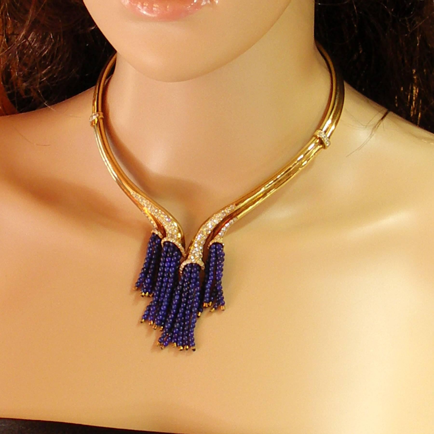 Women's or Men's Gold Necklace with Diamonds and Lapis Bead Tassels