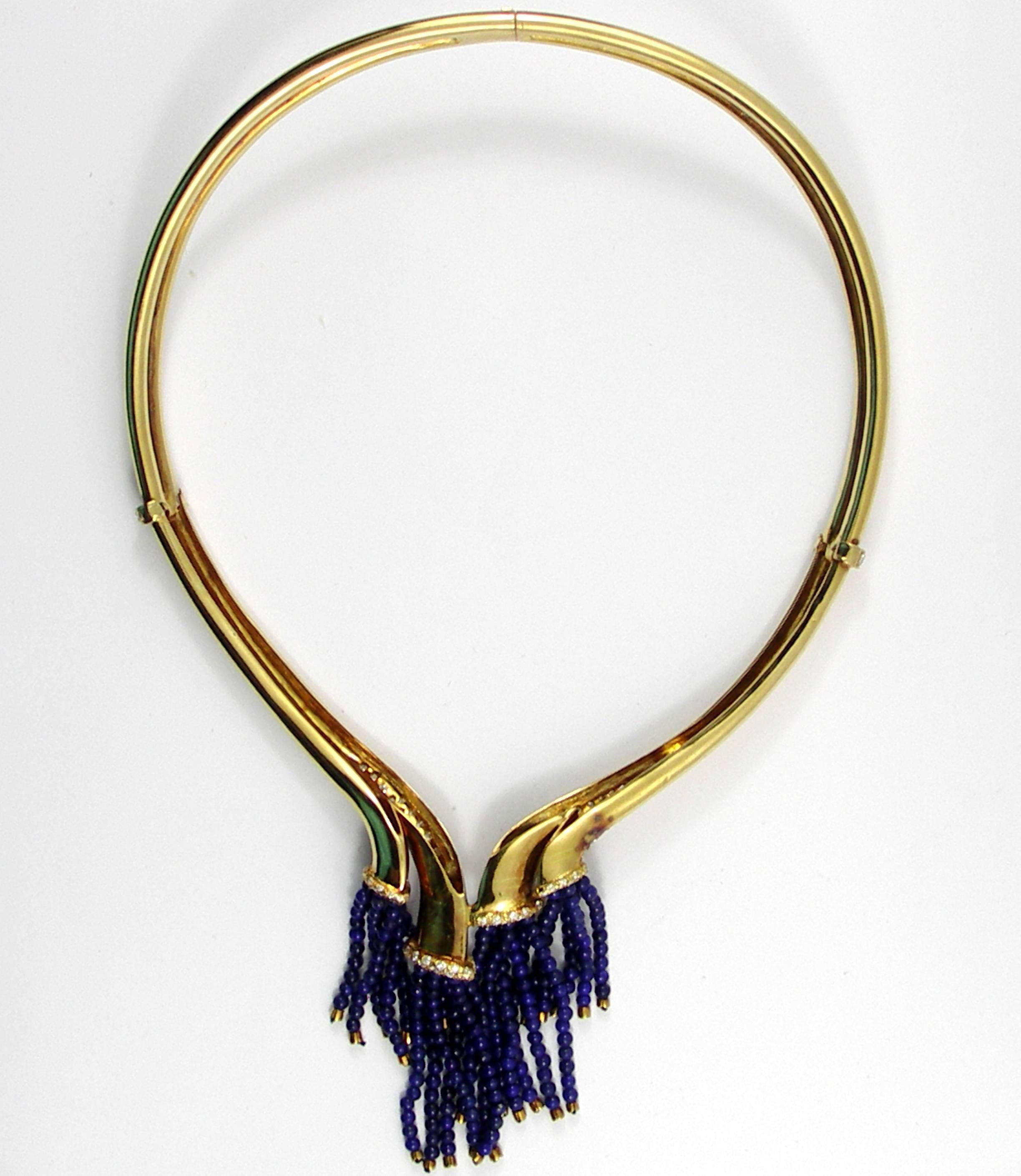 Gold Necklace with Diamonds and Lapis Bead Tassels 1