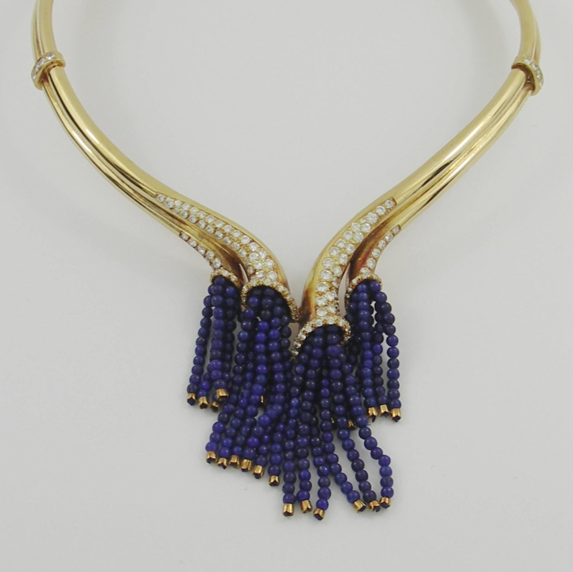 Gold Necklace with Diamonds and Lapis Bead Tassels In Excellent Condition In Palm Beach, FL