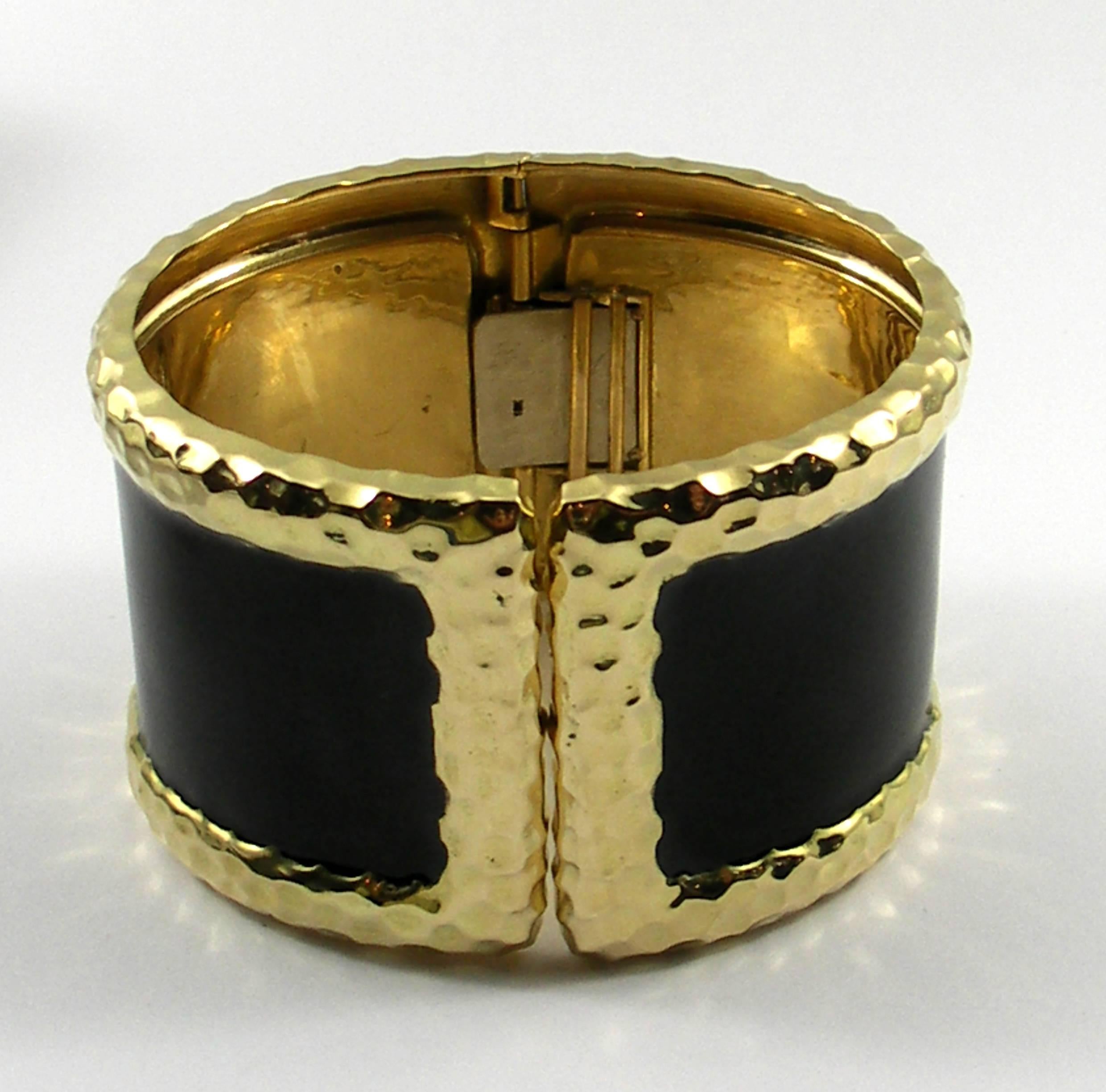 Wide Yellow Gold Cuff Bracelet with Hammer Finish and Black Enamel 2