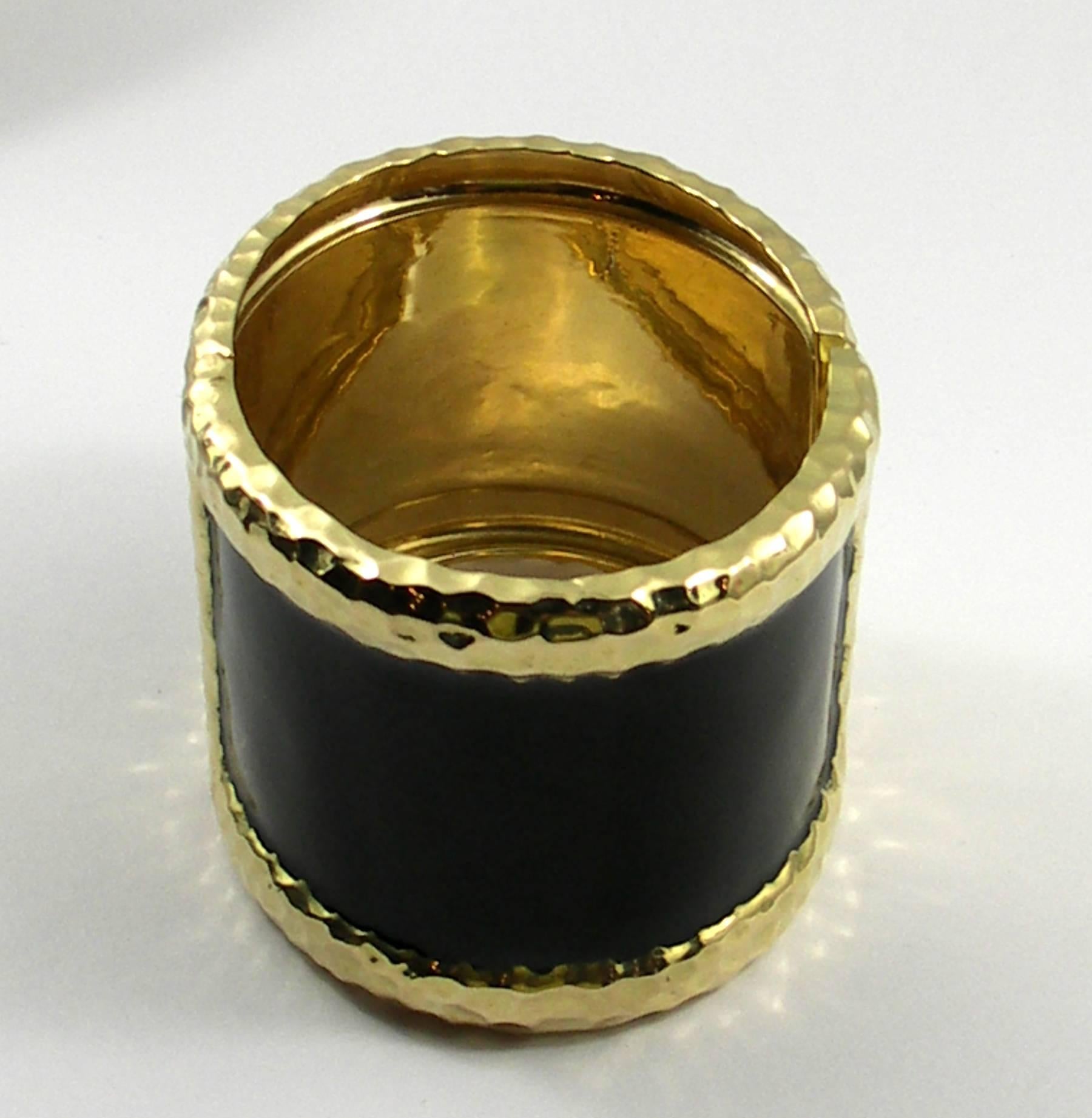 Women's Wide Yellow Gold Cuff Bracelet with Hammer Finish and Black Enamel