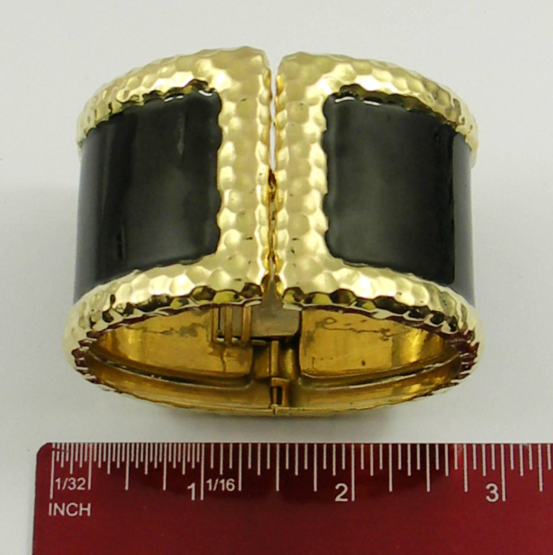 Wide Yellow Gold Cuff Bracelet with Hammer Finish and Black Enamel 4