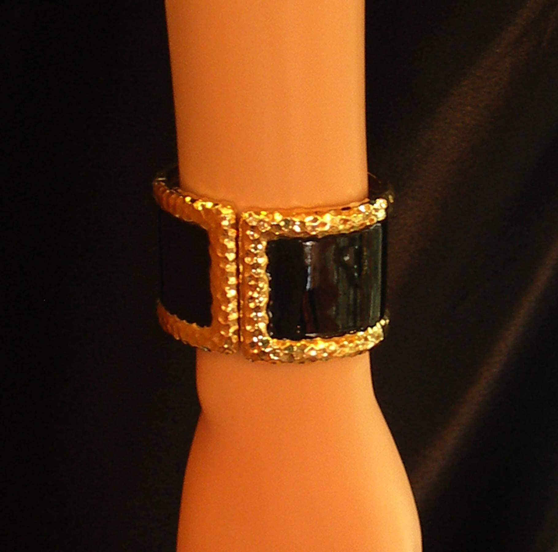 Wide Yellow Gold Cuff Bracelet with Hammer Finish and Black Enamel 1