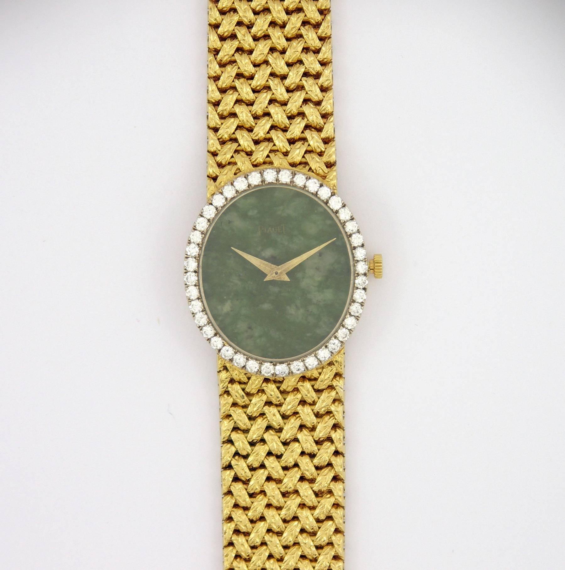 Piaget Yellow Gold Diamond Bezel Jade Dial Woven Bracelet Wristwatch 1