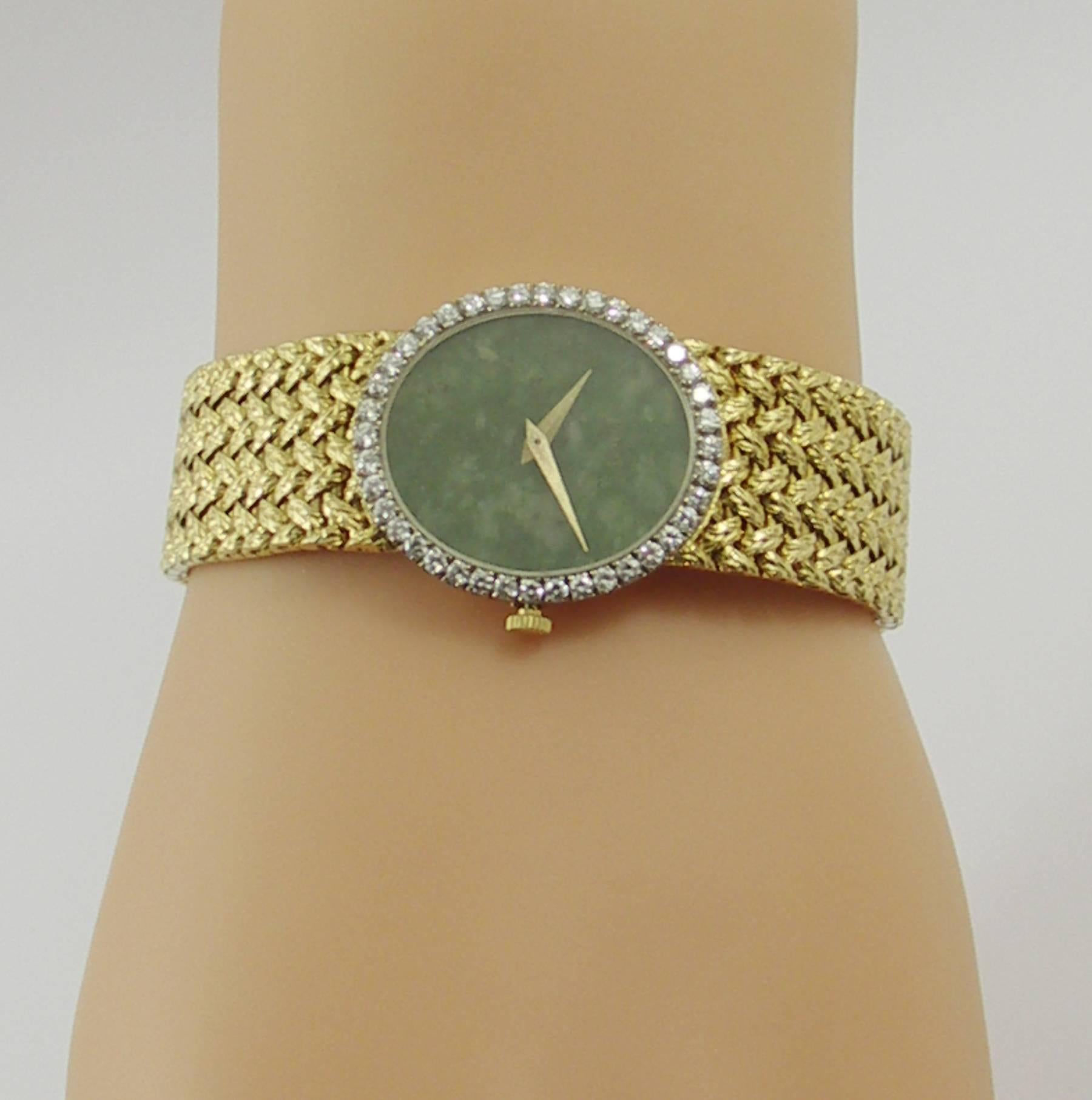 Women's or Men's Piaget Yellow Gold Diamond Bezel Jade Dial Woven Bracelet Wristwatch