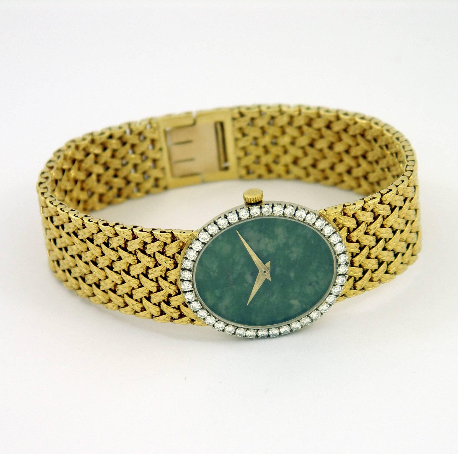 Piaget Yellow Gold Diamond Bezel Jade Dial Woven Bracelet Wristwatch In Excellent Condition In Palm Beach, FL