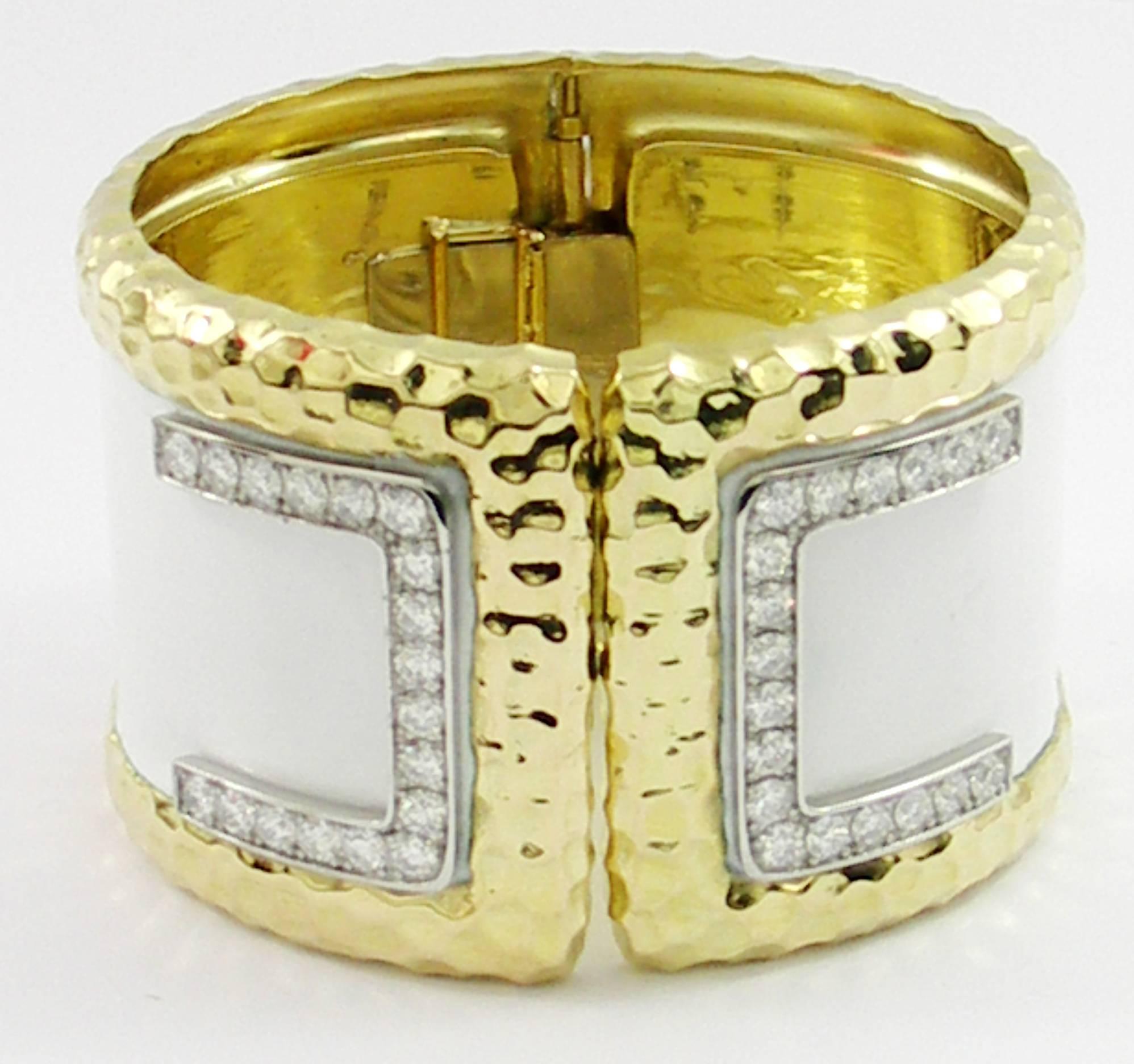 Round Cut Wide Gold Cuff with Hammered Design and Diamonds For Sale