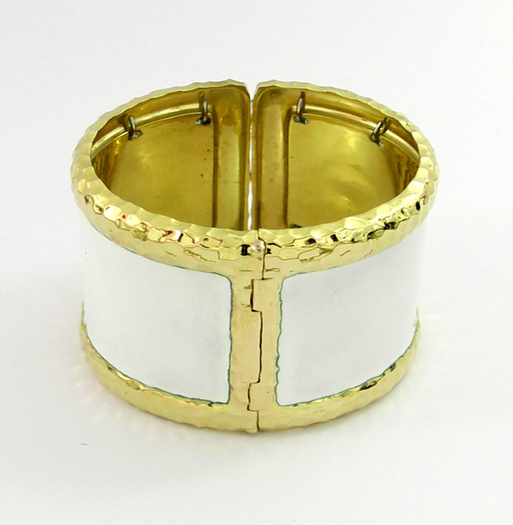 Women's Wide Gold Cuff with Hammered Design and Diamonds For Sale