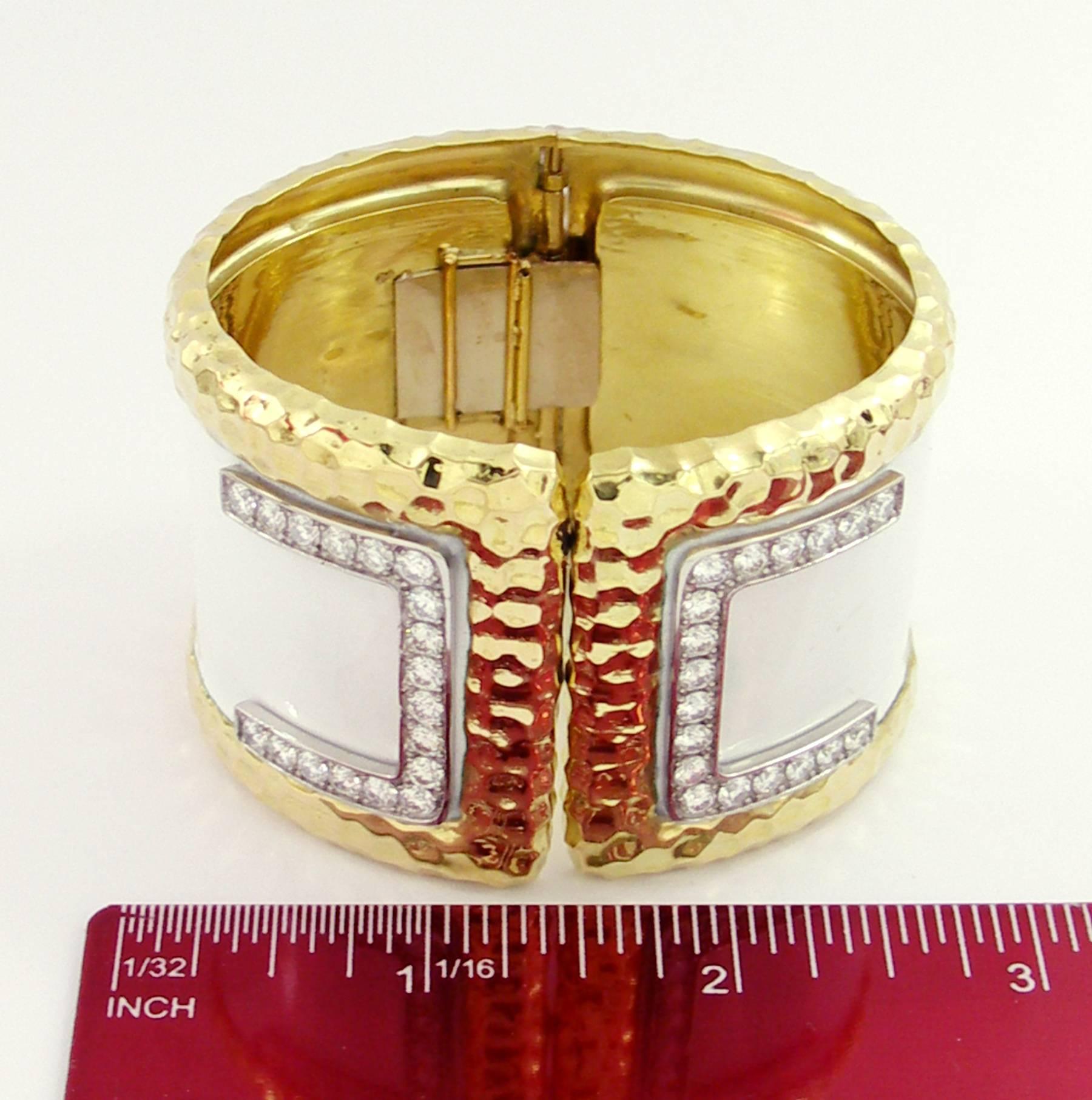 Wide Gold Cuff with Hammered Design and Diamonds For Sale 1
