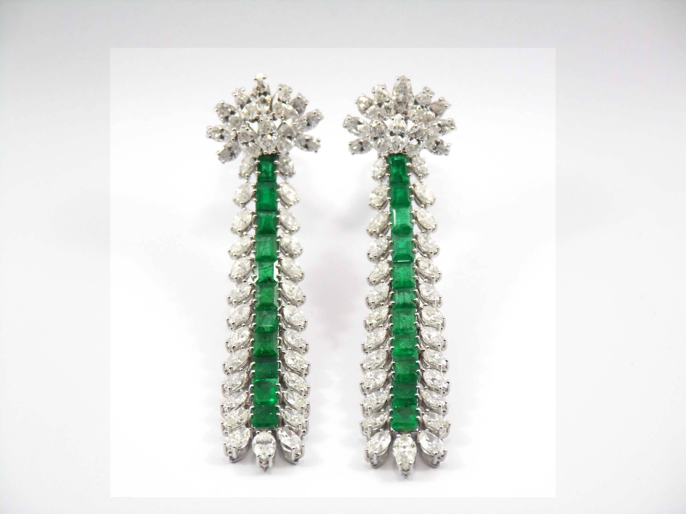 Extra Long, Platinum, Emerald and Diamond Cocktail Earrings In Excellent Condition In Palm Beach, FL