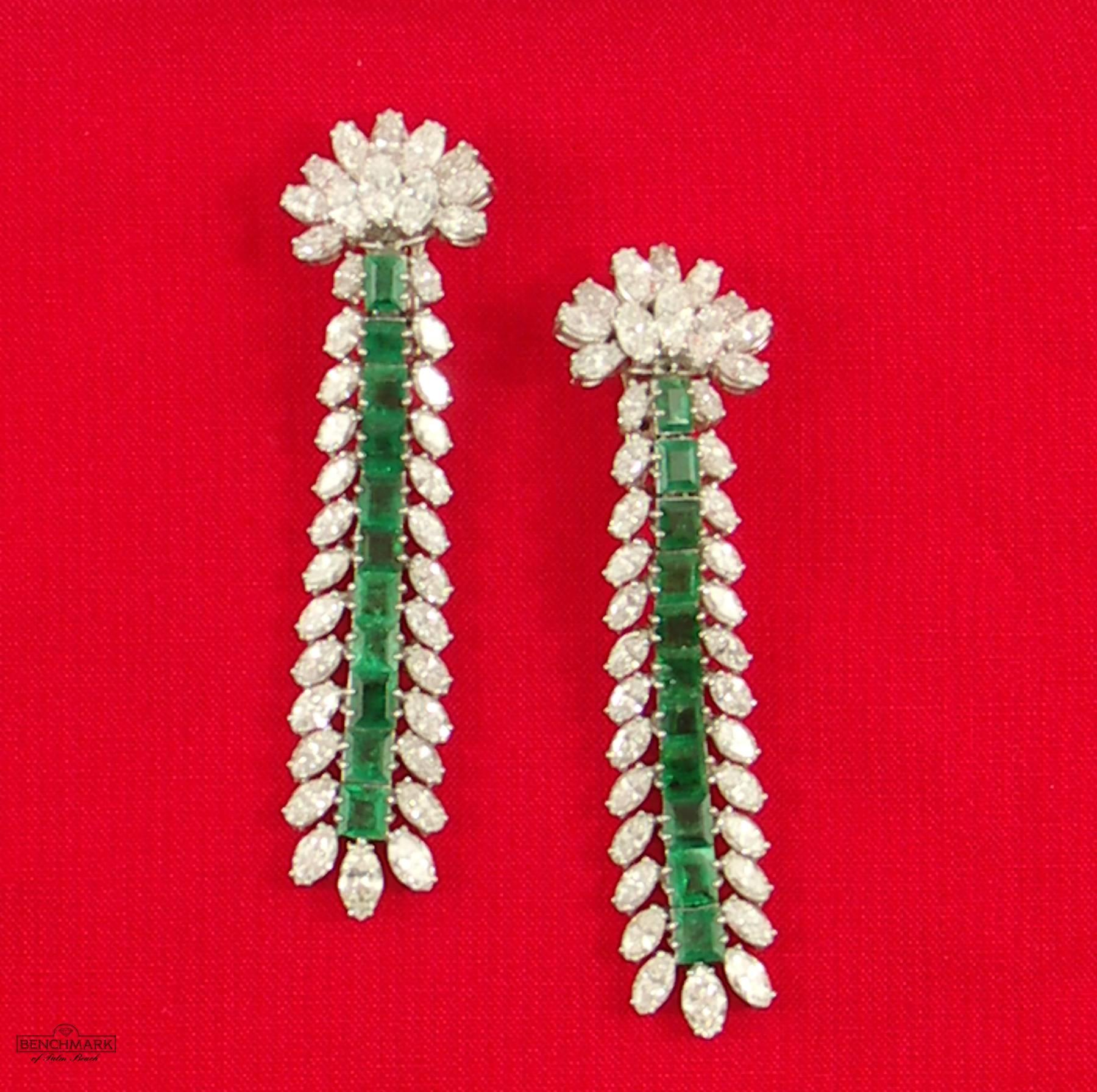 Women's Extra Long, Platinum, Emerald and Diamond Cocktail Earrings