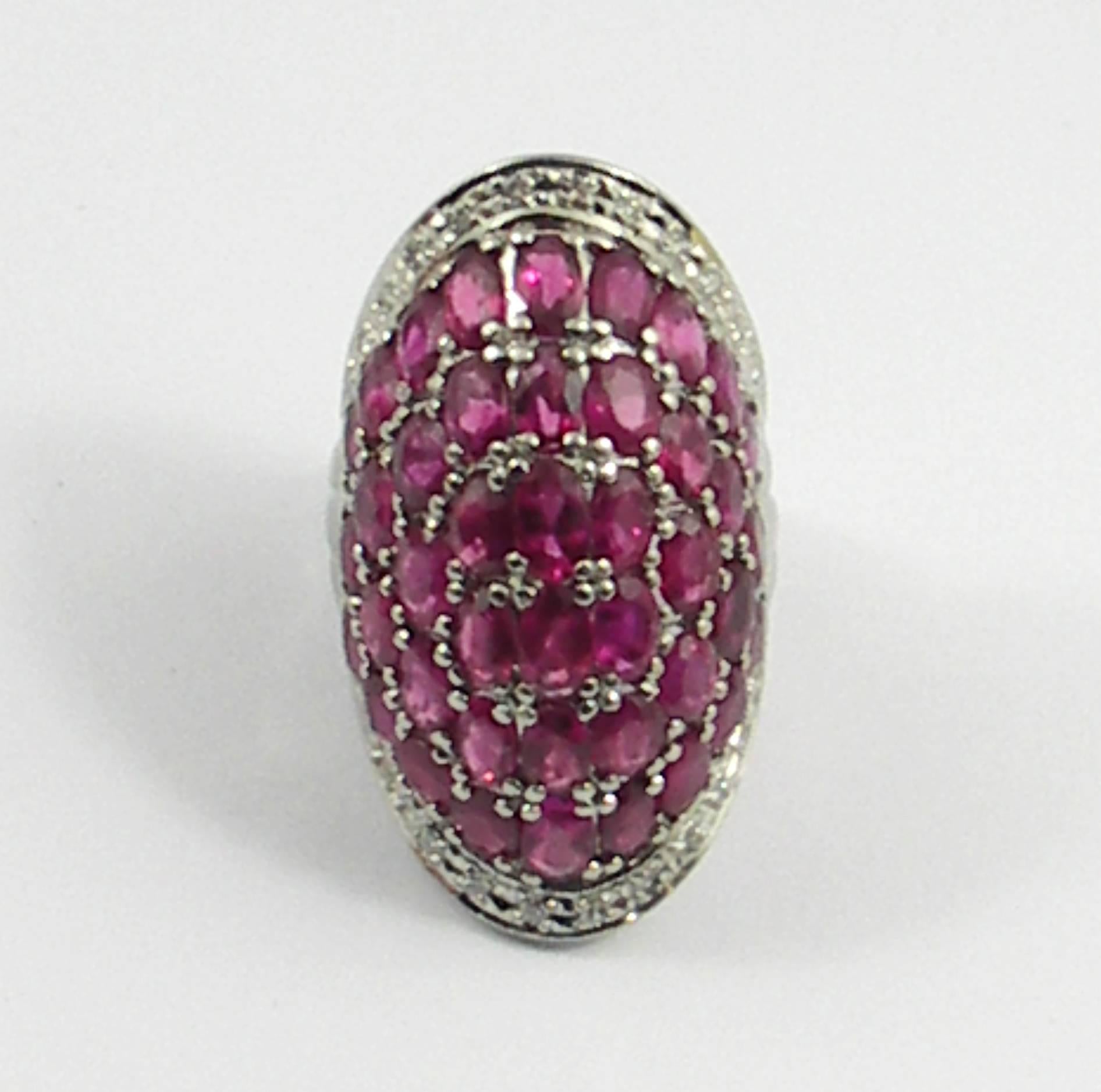 Platinum Cocktail Ring with Diamonds and Rubies In Excellent Condition In Palm Beach, FL