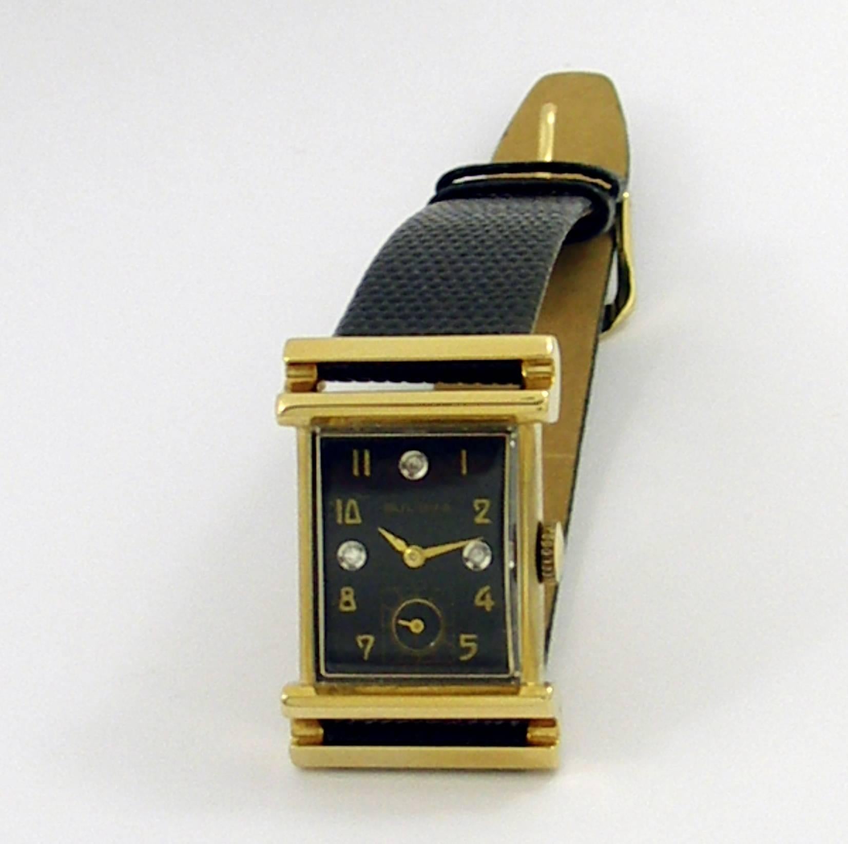 Bulova Yellow Gold Diamond Black Dial Wristwatch  In Excellent Condition In Palm Beach, FL