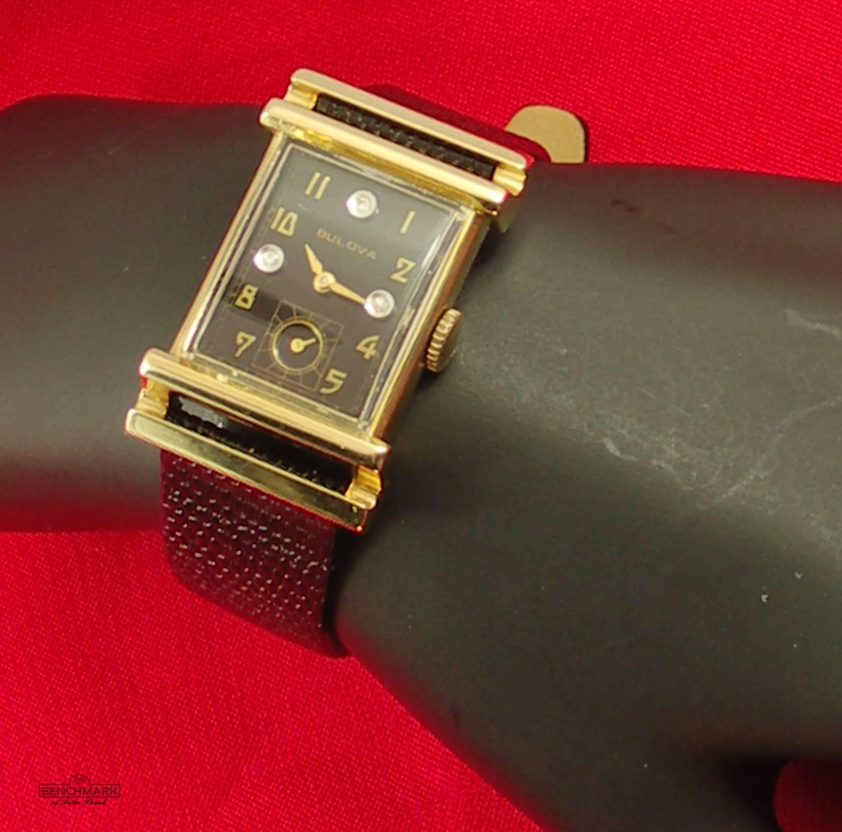 Women's or Men's Bulova Yellow Gold Diamond Black Dial Wristwatch 