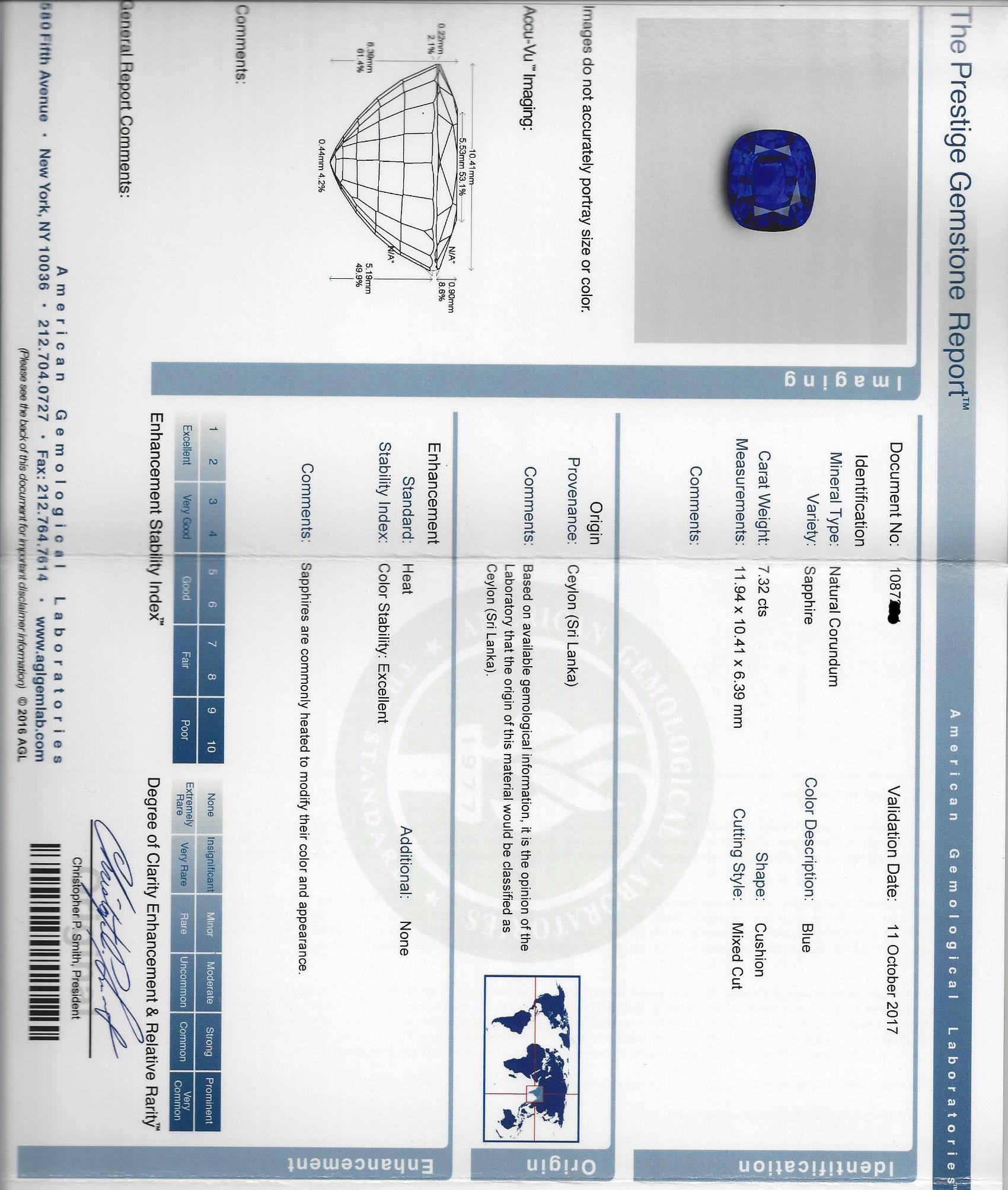 A.G.L. Certified 7.32 Carat Cushion Cut Sapphire Diamond Ring 6