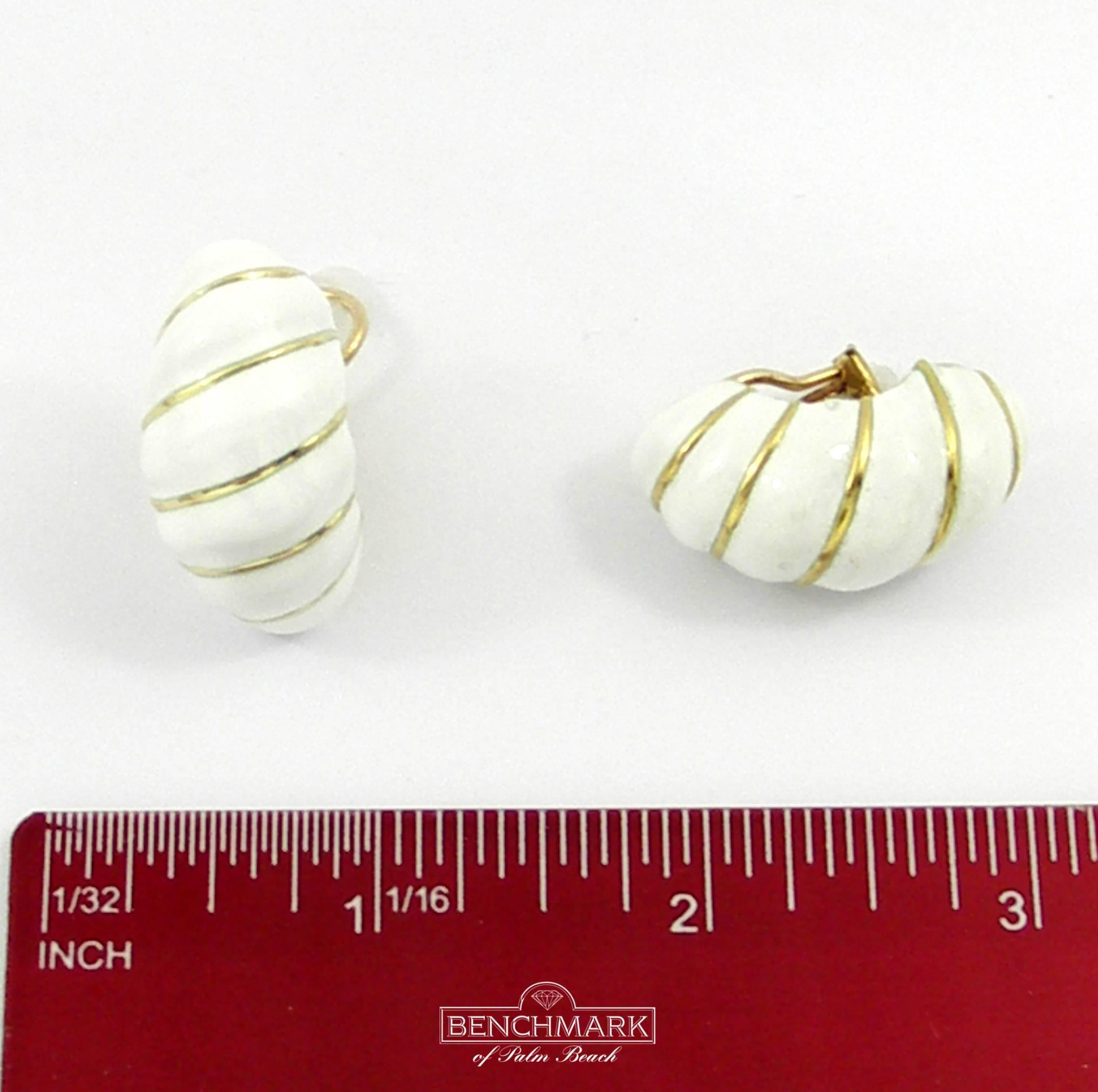 Yellow Gold and White Enamel Spiral Earrings 1