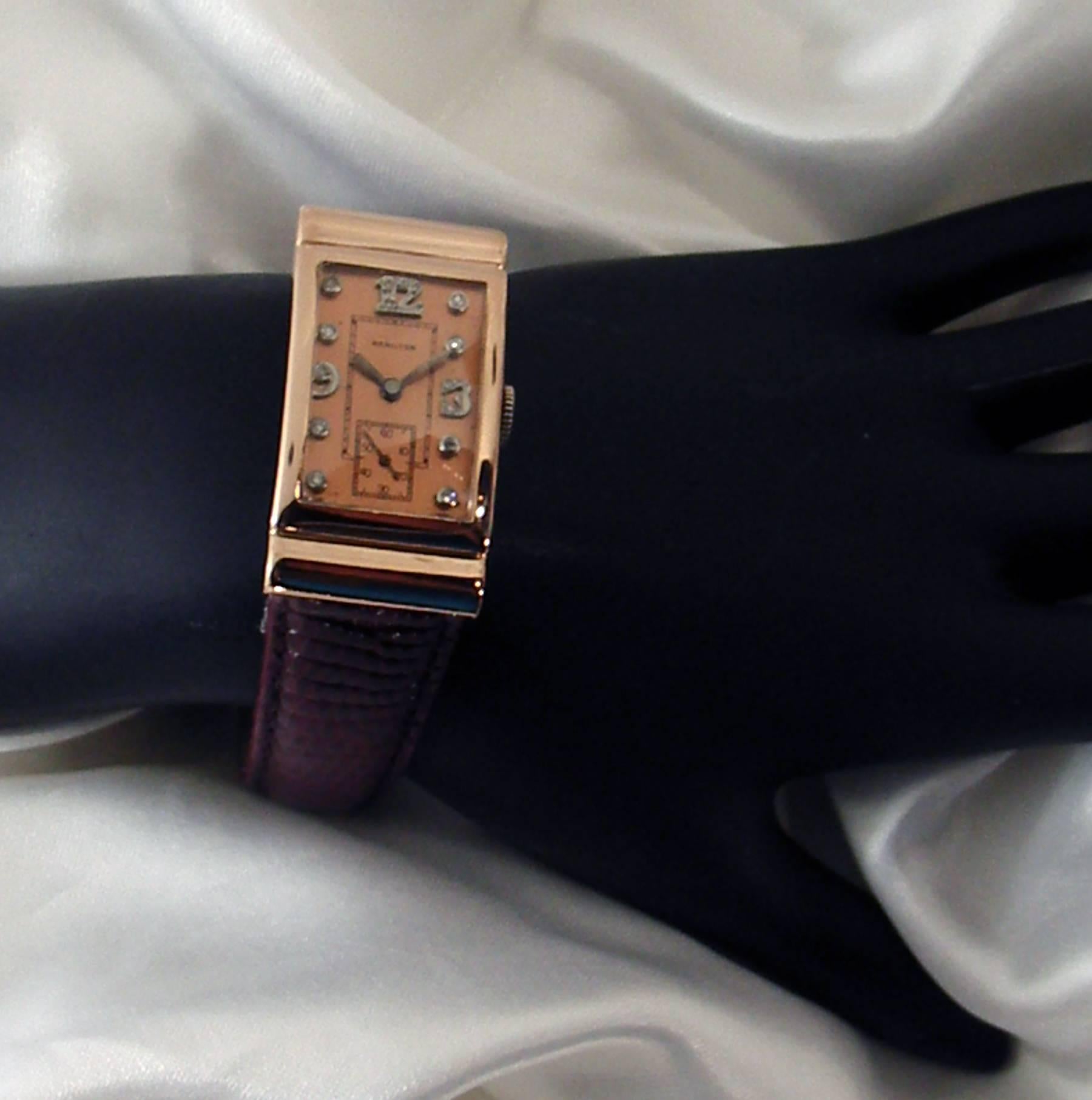 Hamilton Rose Gold Diamond Dial Wristwatch In Excellent Condition In Palm Beach, FL
