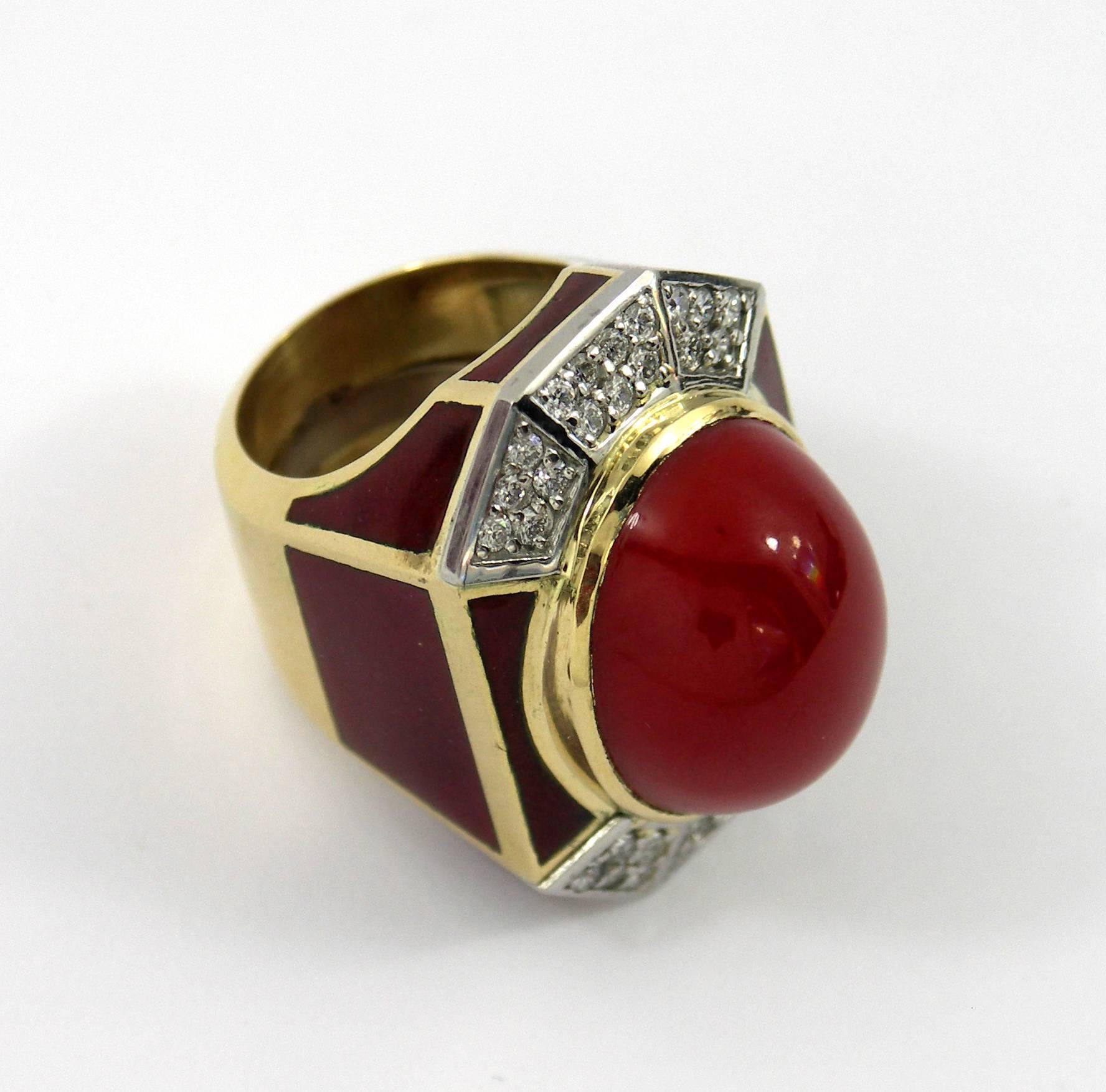 Large Enamel Ox Blood Coral Diamond Gold Dome Ring In Excellent Condition In Palm Beach, FL
