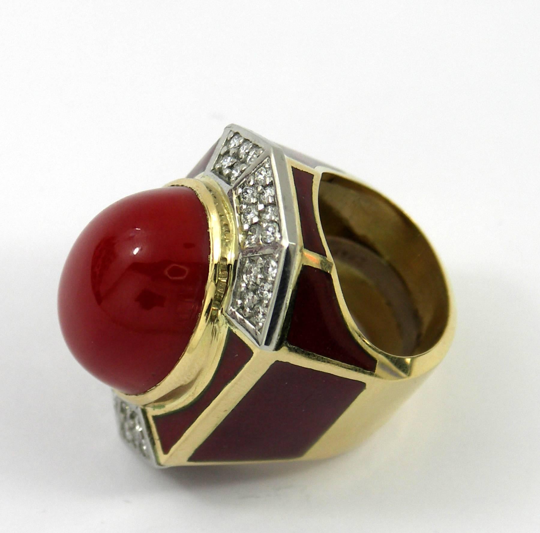 Women's Large Enamel Ox Blood Coral Diamond Gold Dome Ring