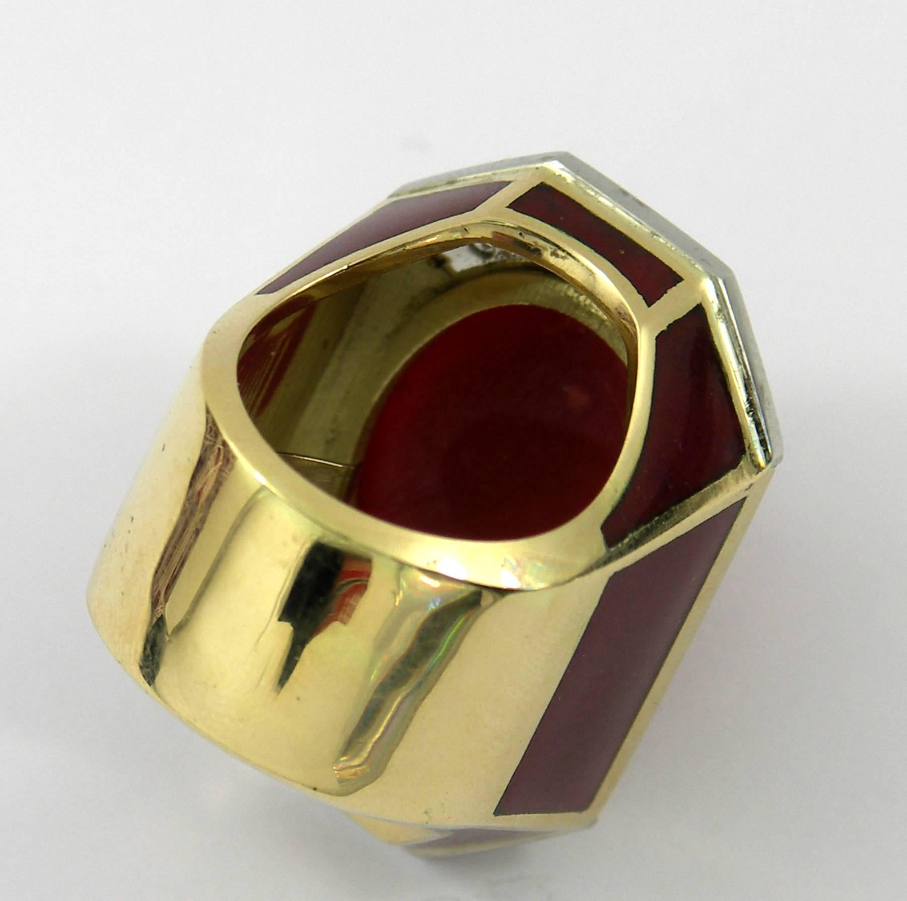 Large Enamel Ox Blood Coral Diamond Gold Dome Ring 2