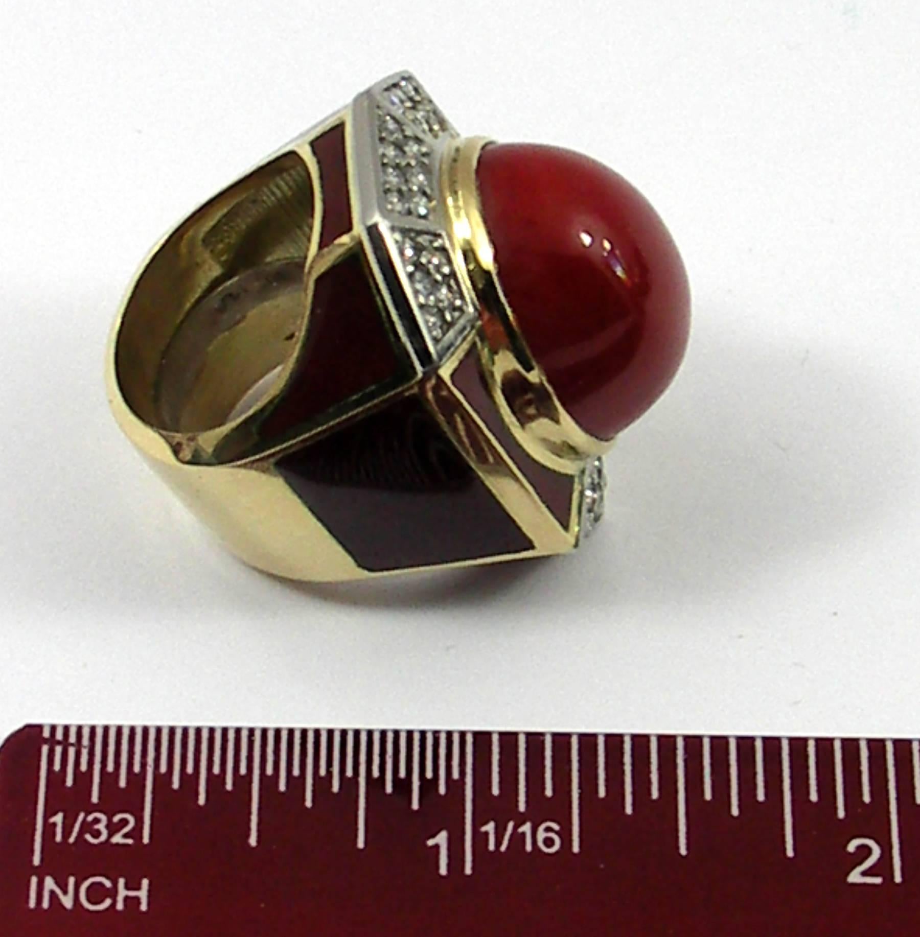 Large Enamel Ox Blood Coral Diamond Gold Dome Ring 1