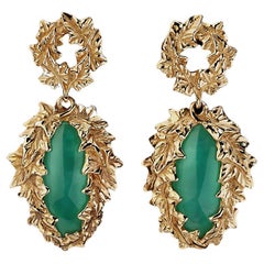 Boucles d'oreilles en or et chrysoprase vert lierre pendantes longues style art nouveau