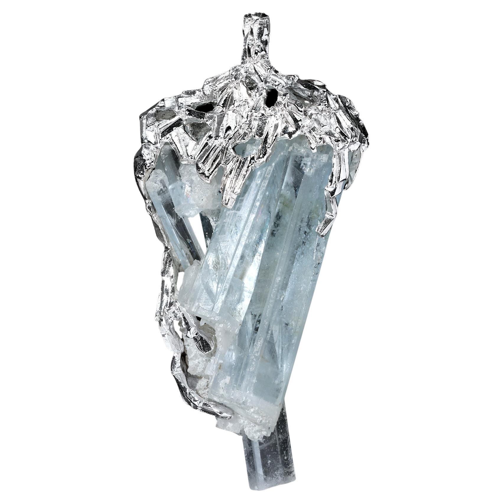 Alexey Gabilo Aquamarine Crystals Silver Necklace Raw Uncut Gem Natural Blue For Sale