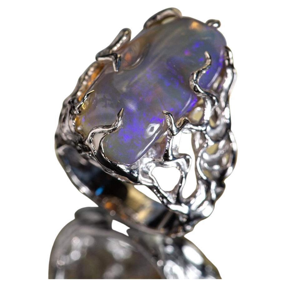 Big Australian Neon Opal Silver Ring Medusa Gorgon Iridescent For Sale