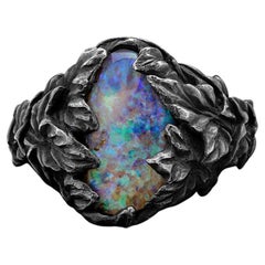 Forest Fantasy Australian Opal Blackened Silver Ring Neon Bright Multicolor Gem