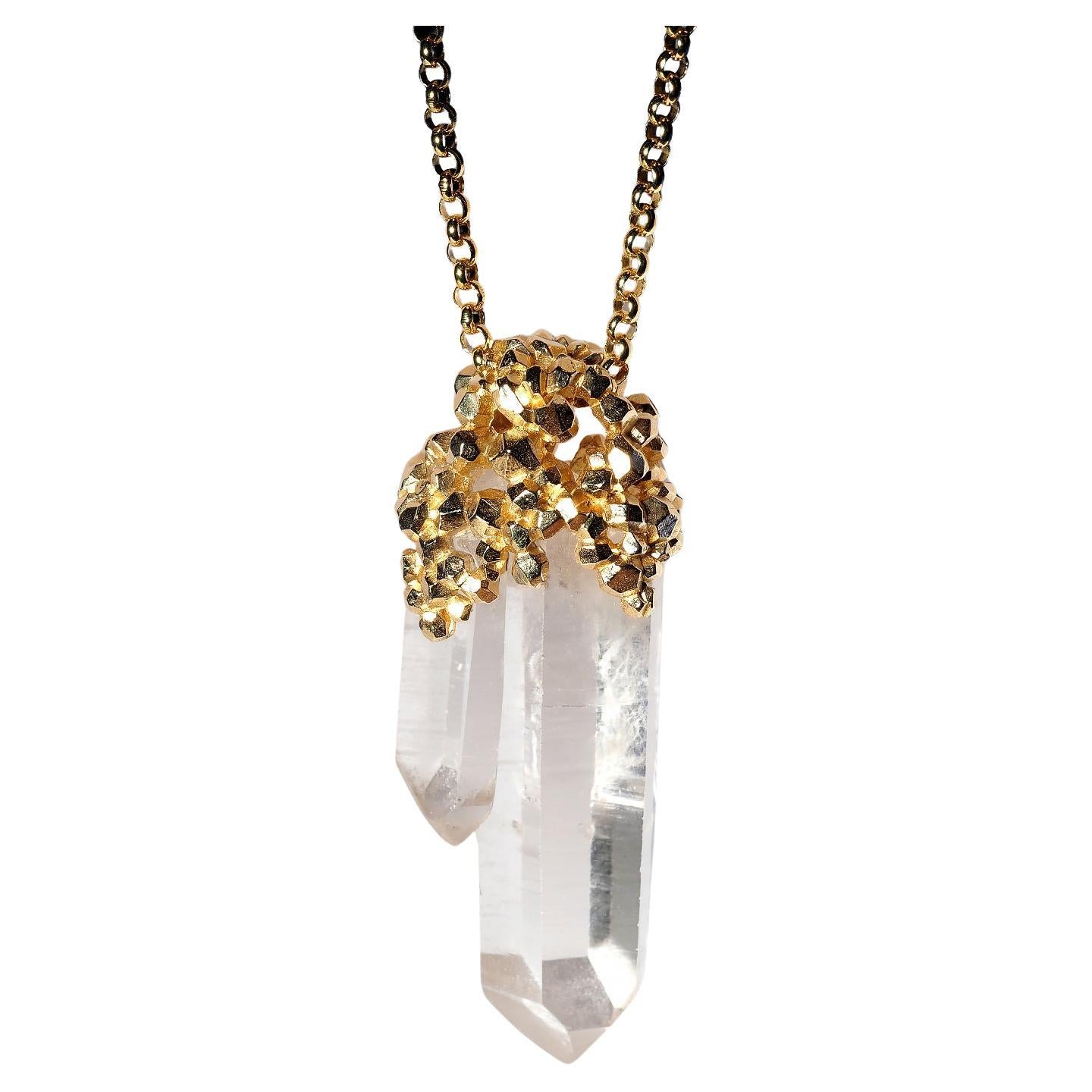 Big Rock Crystal Yellow Gold Pendant Magic Power Uncut Gem Clear Quartz