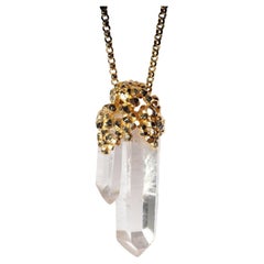 Big Rock Crystal Yellow Gold Pendant Magic Power Uncut Gem Clear Quartz