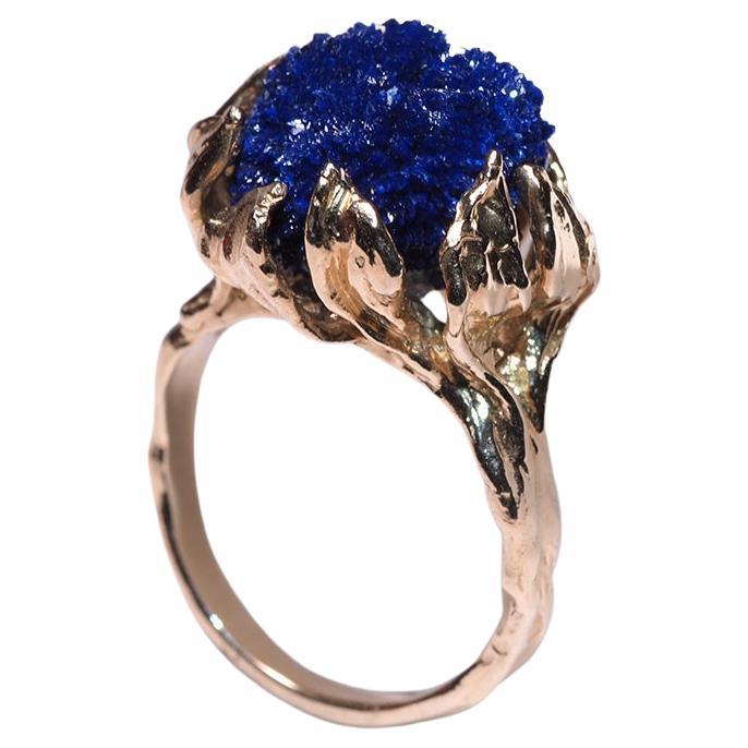 Azurite Gold Ring Natural Deep Blue Raw Crystal Flower petals For Sale
