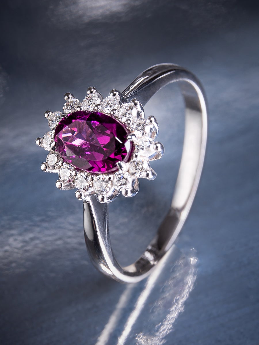 Bague de fiançailles unisexe en or blanc et rhodolite, taille ovale, style Art déco, violet royal