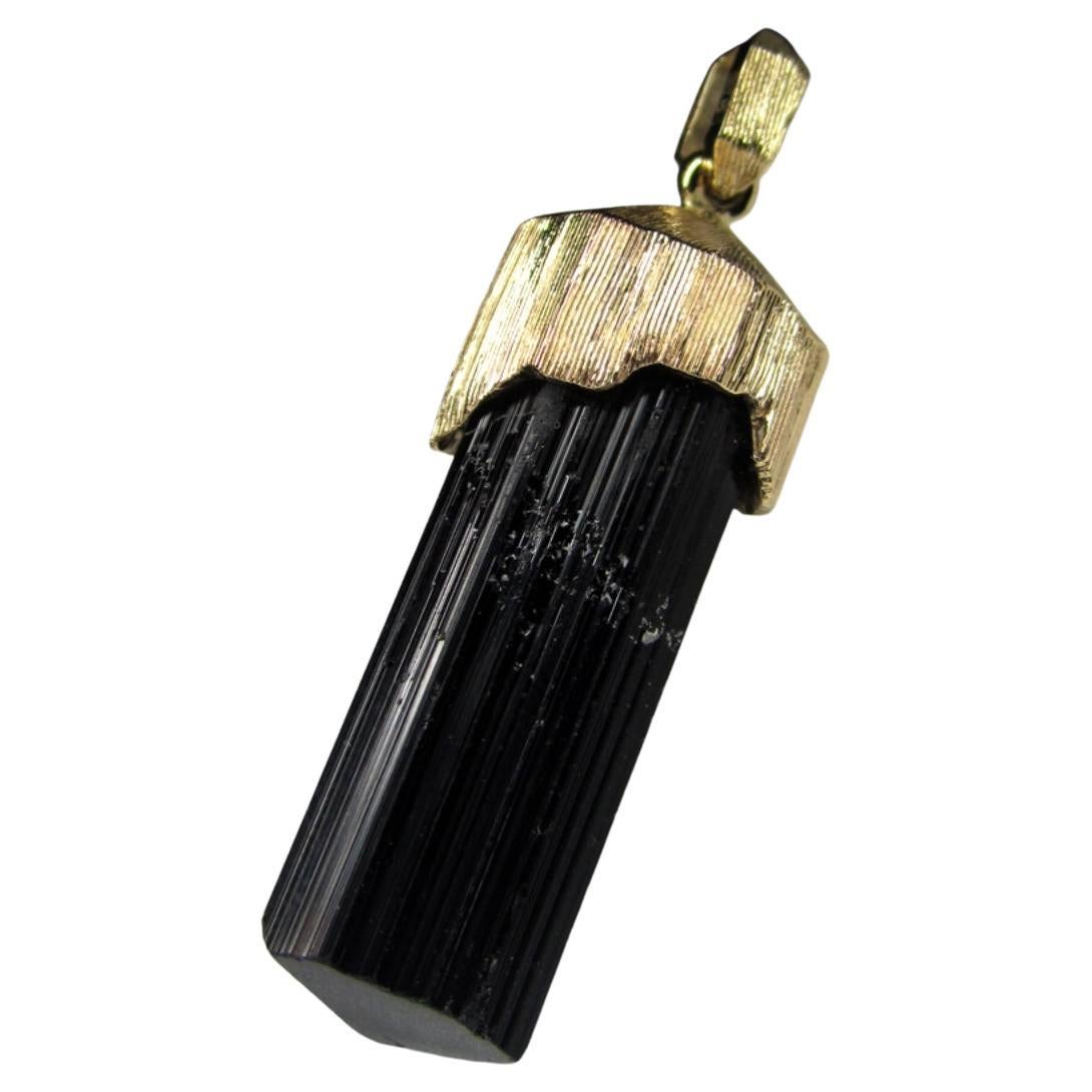 Black Tourmaline Schorl Gold Pendant Natural Crystal Healing Midnight