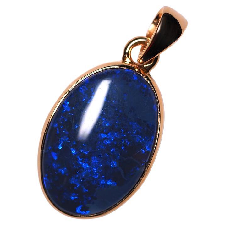 Pendentif unisexe en or jaune, opale noire et bleu marine