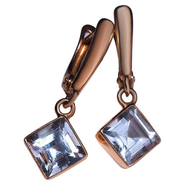 Aquamarine Gold Earrings Square Cut Blue Beryl Healing Brazilian Gemstone Unisex For Sale
