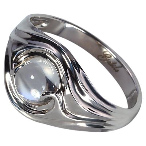 Moonstone 14K White Gold Ring Clear Round Cabochon Gem Fantasy Band Shape Unisex For Sale