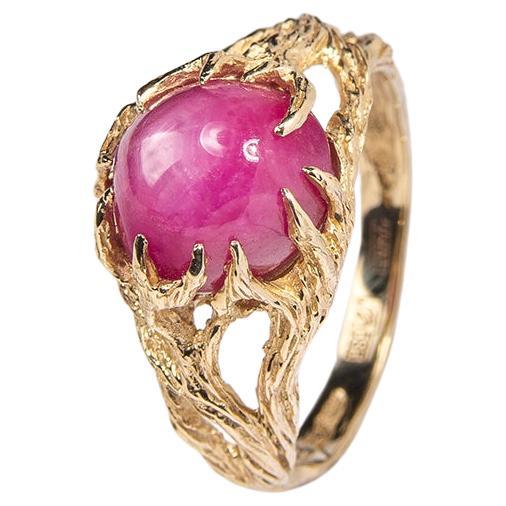 Star Ruby Yellow Gold Ring Natural Cabochon Gem Pink Unisex engagement ring