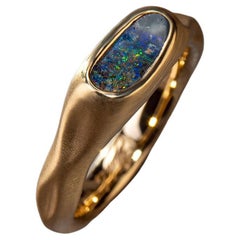 Black Opal Ring Gold Bright Multicolor Australian Stone Unisex engagement