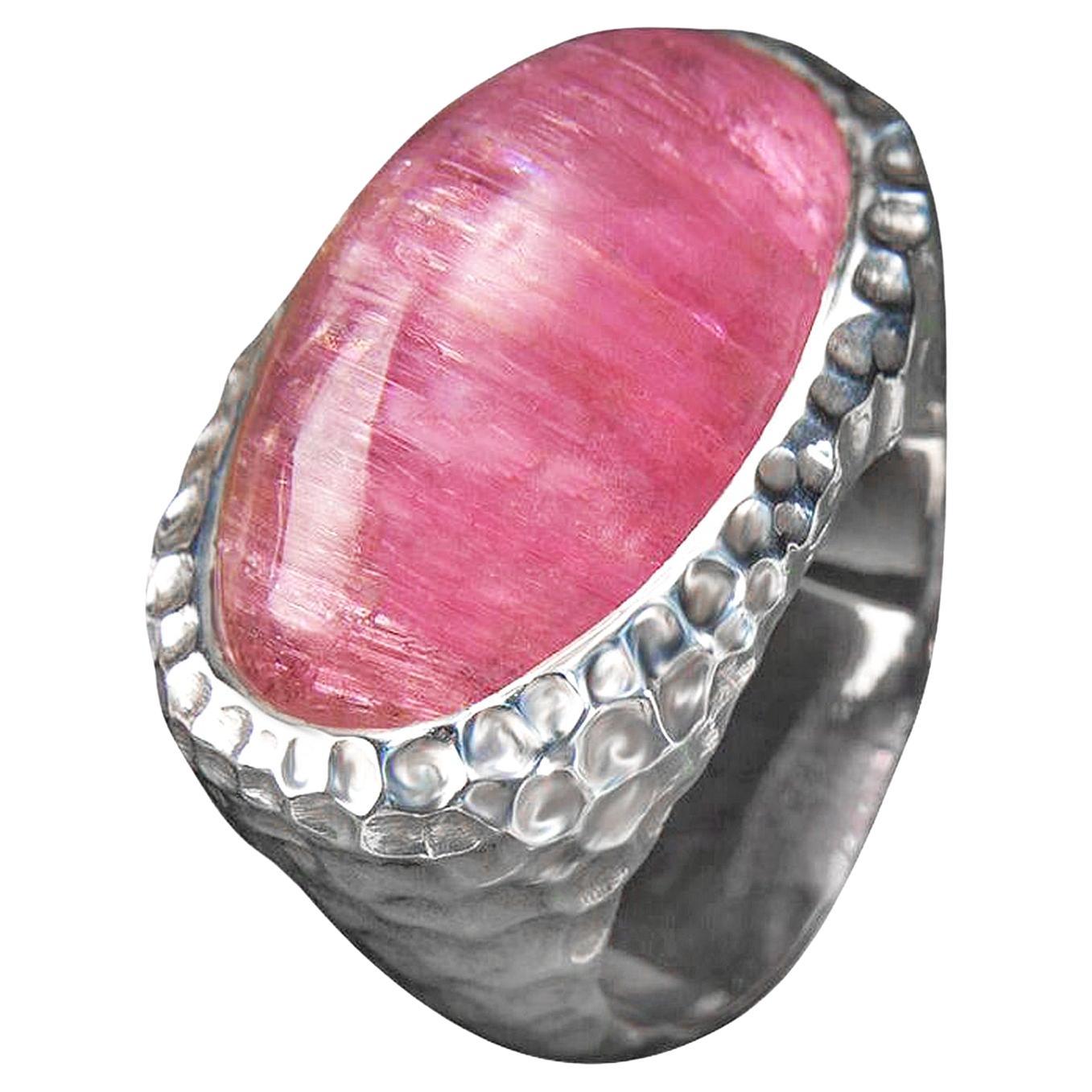 Large Cat's Eye Effect Rubellite Silver Ring Hot Pink Tourmaline Cabochon