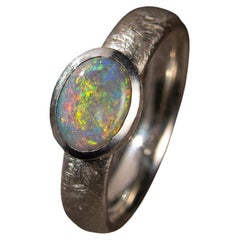 Australian Opal Silver Ring Yellow Orange Blue Green Gemstone Ring Engagement