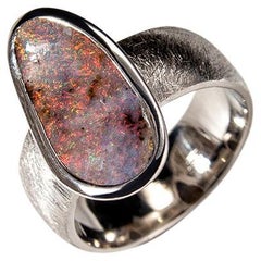 Boulder Opal Silver Ring Mens Unisex Bold Modern Textured Metal Australian Opal