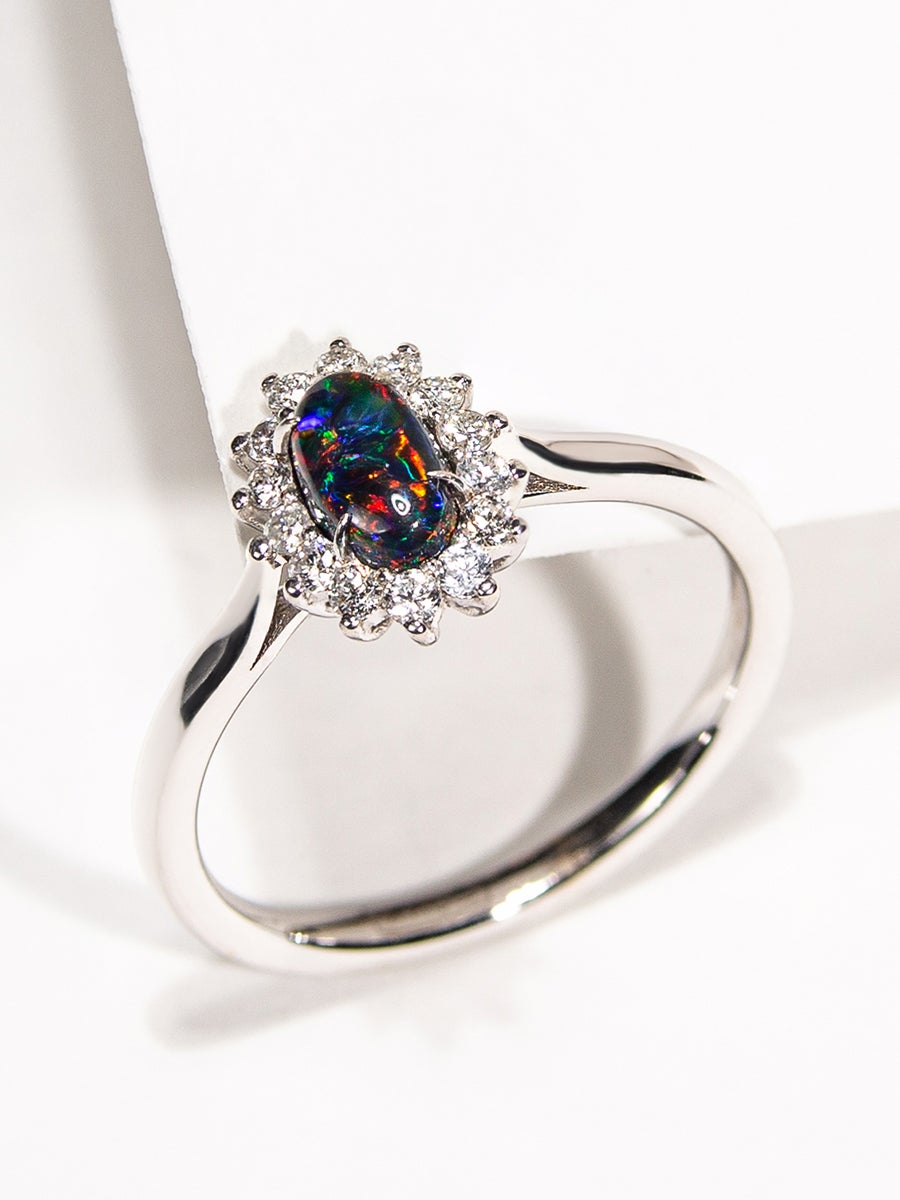 Black Opal Gold Diamond Ring Australian Gemstone Engagement Ring